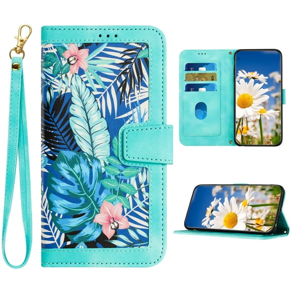 K-Lion for iPhone 7 / 8 / SE 2022 & 2020 Wallet Case, Fashion Flower Floral Pattern Crossbody Strap Wristband Leather Case Luxury Satnd Shockproof Protective Phone Cover ,Green