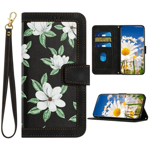 K-Lion for iPhone 7 / 8 / SE 2022 & 2020 Wallet Case, Fashion Flower Floral Pattern Crossbody Strap Wristband Leather Case Luxury Satnd Shockproof Protective Phone Cover ,Black