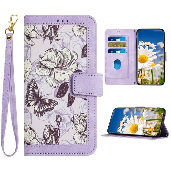 K-Lion for iPhone 7 / 8 / SE 2022 & 2020 Wallet Case, Fashion Flower Floral Pattern Crossbody Strap Wristband Leather Case Luxury Satnd Shockproof Protective Phone Cover ,Purple