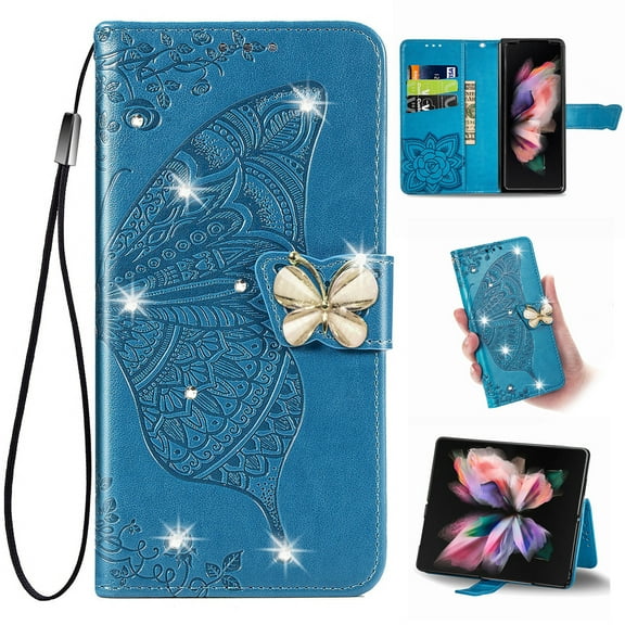K-Lion for iPhone XR Folio Flip Case, Luxury Bling Butterfly Embossed PU Leather Wallet Case Stand Card Holder Slots Shockproof Glossy Phone Cover with Wrist Strap ,Blue