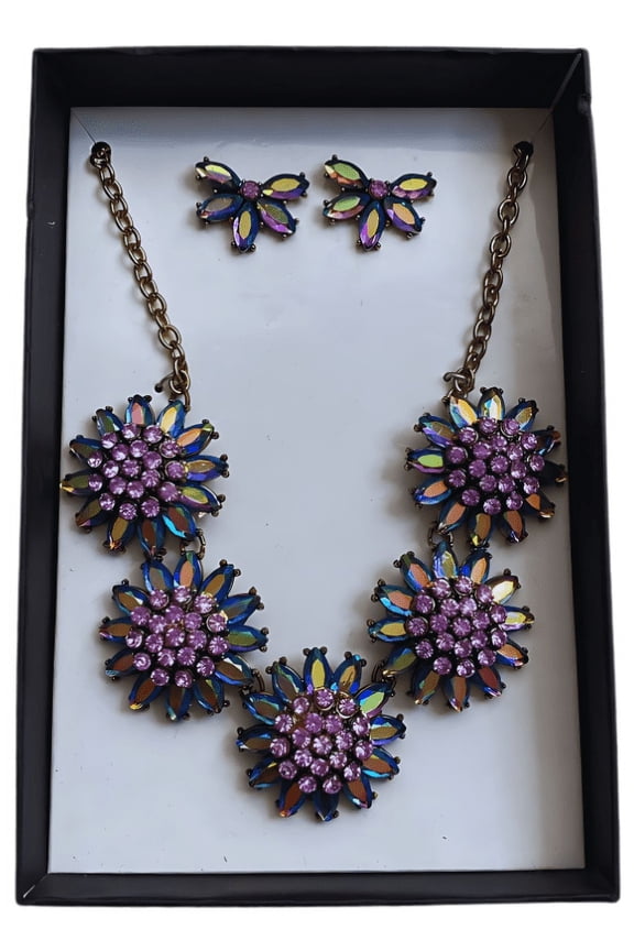 K&M Jewelry Box Set: Crystal Flower Necklace with Butterfly Rhinestone Earrings