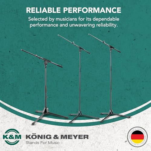 K&M Konig & Meyer 21080.500.55 Tripod Microphone Stand w/Telescoping Boom | Clutch Height Adjustment | Soft-Touch Lock | Folding Leg Design | Zinc Die-Cast Base | German Made | Bla