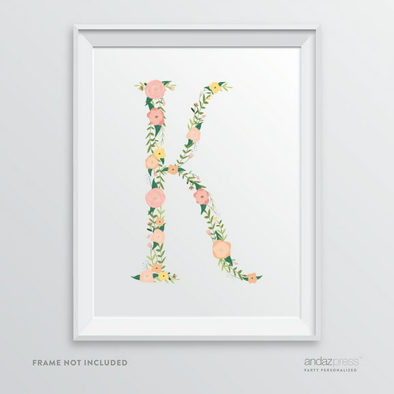 K Monogram Wall Art Letters, Coral Floral Roses
