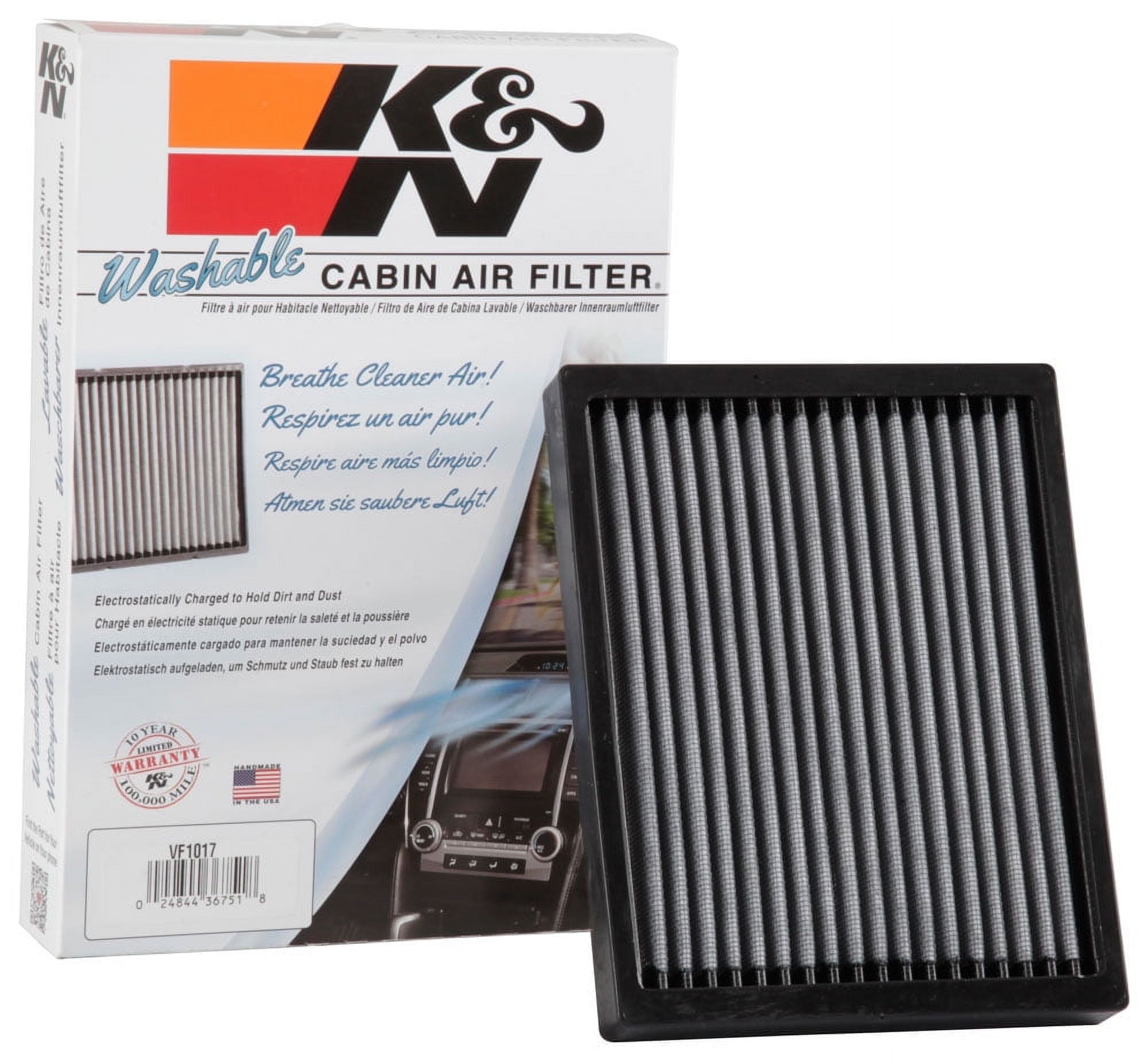K&N Performance Cabin Air Filter: Lifetime, Washable, Engineered to Maximize Airflow, VF1017
