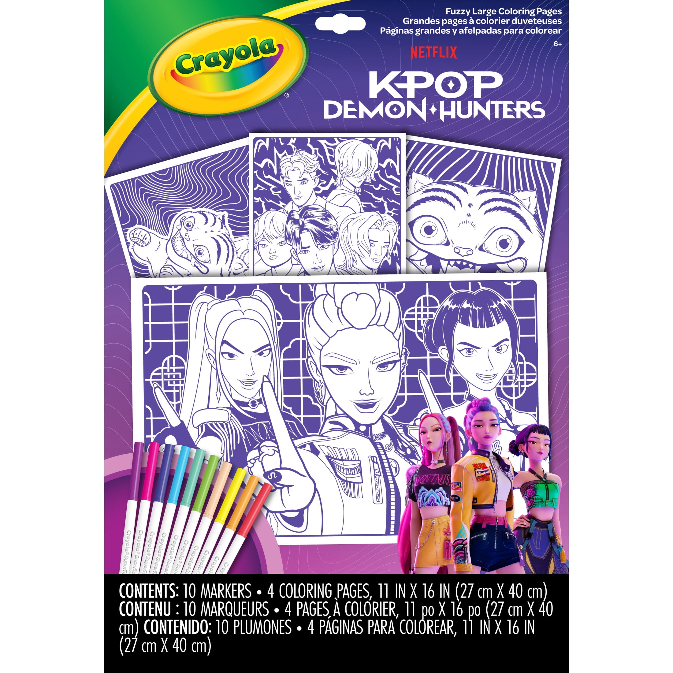 Crayola K Pop Demon Hunters Large Fuzzy Coloring Pages, 4 Poster Size Purple Fuzzy Sheets & 10 Super Tips Markers, Retro Arts & Crafts, Toys & Gifts for Kids, Ages 6+