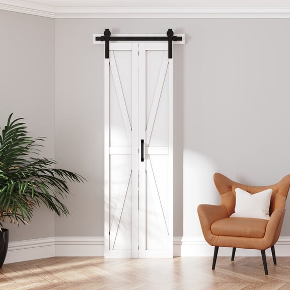 K Panel Closet Bifold Barn Door with Hardware Kit & Handle, Solid Core MDF Wood & PVC Covered Finished, White