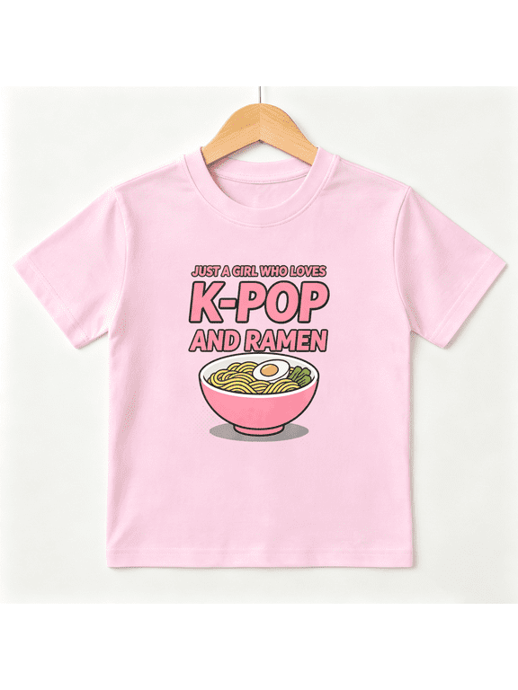 K-Pop And Ramen Girls Graphic Tee, Cute Japanese Anime Bowl 100% Cotton Kids Short Sleeve T-Shirt