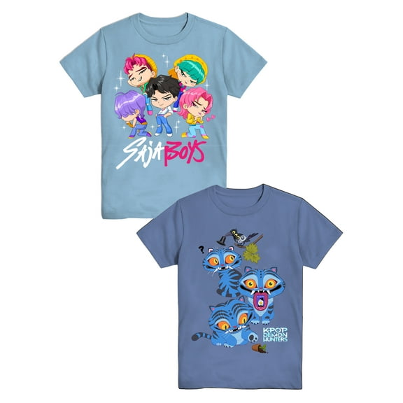 K-Pop Demon Hunters Boys' Graphic 2-Piece Set T-Shirts, Light Blue and Cool Peri, Sizes 4-18