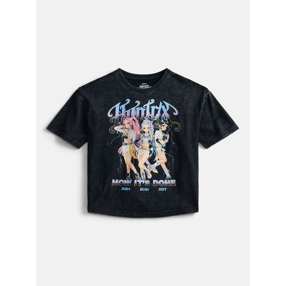 K Pop Demon Hunters Girl’s Boxy Mineral Washed Halloween Crewneck Tee with Short Sleeves, Sizes 4-16