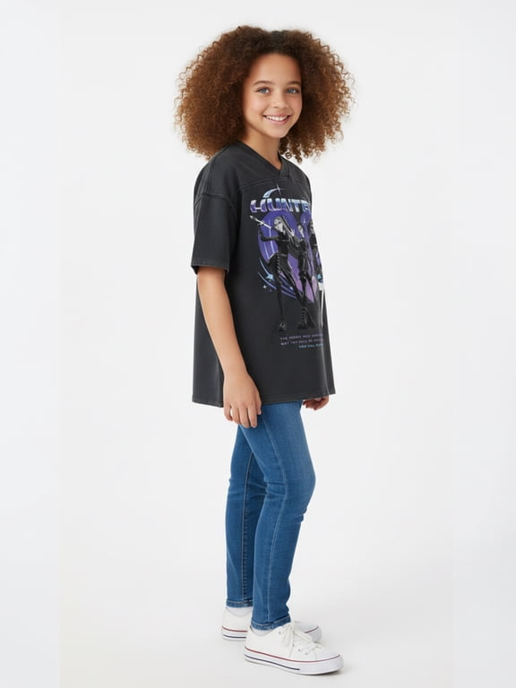 K Pop Demon Hunters Girls Mineral Wash V-Neck Jersey with Short Sleeves, Sizes 4-16