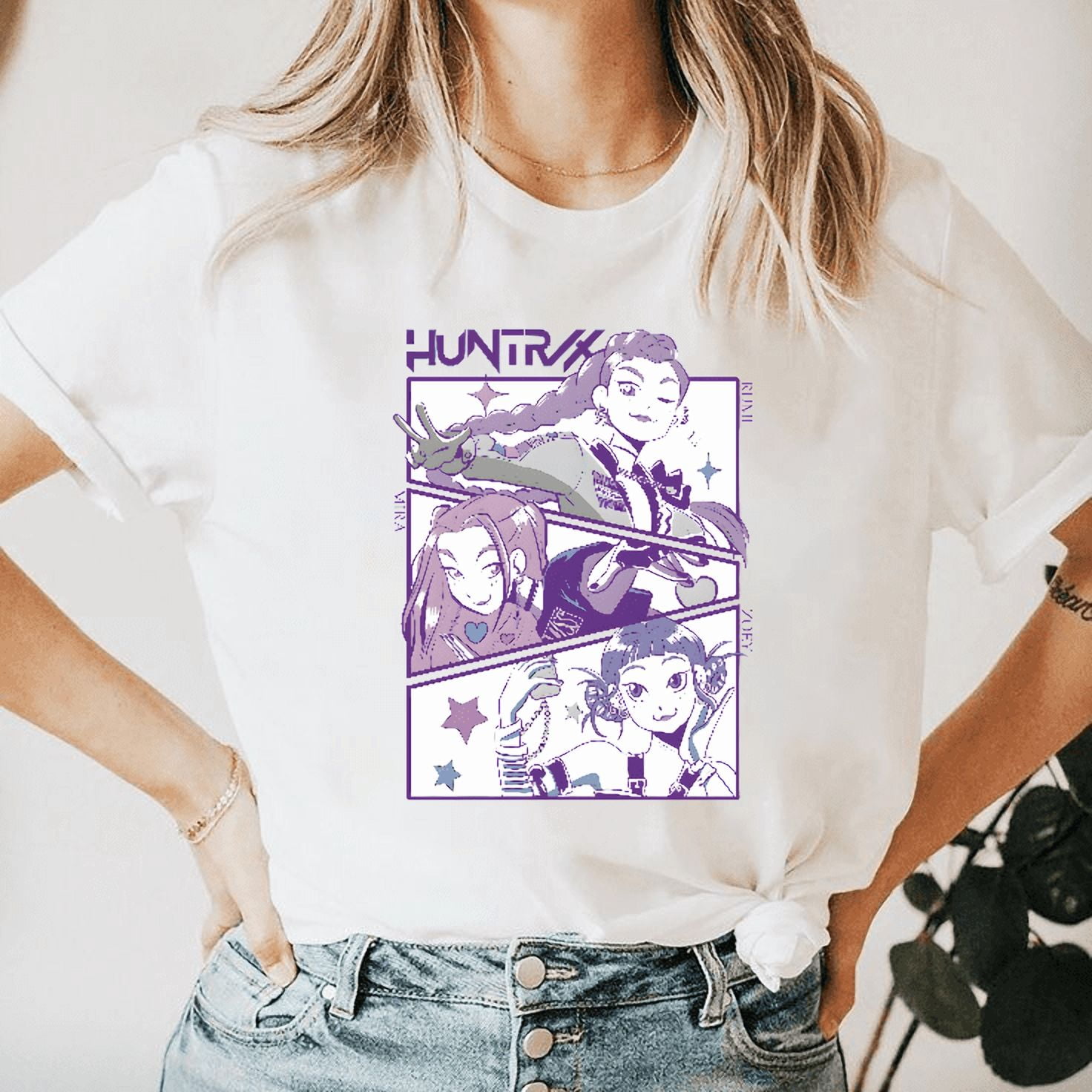 T-shirt Huntrix Rumi Collegic - Licence Officielle KPop Demon Hunters, 100% Coton, Coupe Classique