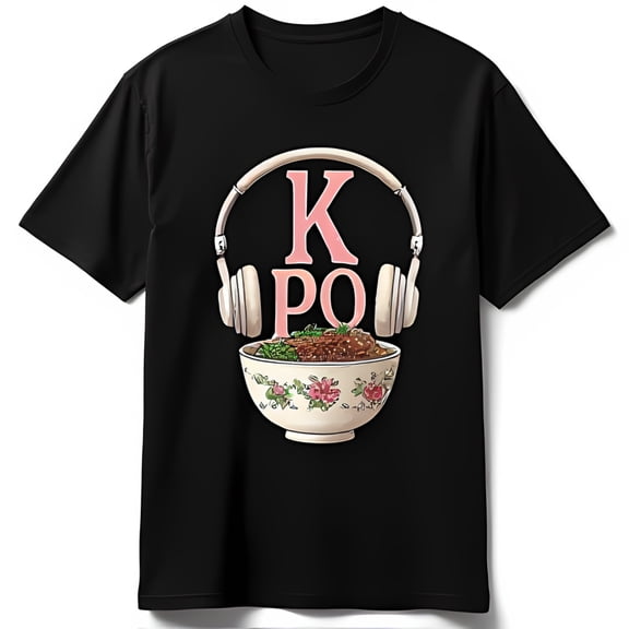 K Pop Inspired Black T-Shirt with Pink K and Headphones Over Ramen Design