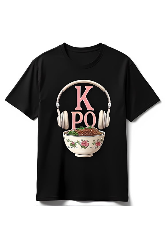 K Pop Inspired Black T-Shirt with Pink K and Headphones Over Ramen Design