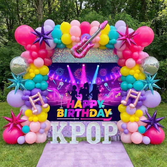 K-Pop Music themed Birthday Decorations & with Pink Purple Teal Yellow Balloon Garland Arch & Guitar Notes Star Disco foil Balloons & Backdrop for Girls fans Birthday Grad Prom Party Decorations Y114