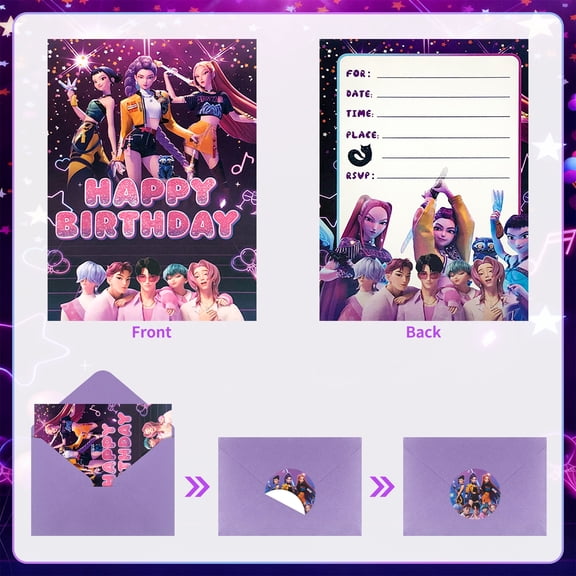 K-Pop Party Invitation Cards, Birthday Invitation Set - 20 Cards, Includes Envelope And Stickers, Virtual K-Pop Idol Theme, Fan Birthday Party Supplies