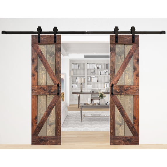 K Series 48in. X 84in. Brown/Walnut Finished DIY Knotty Pine Wood Double Sliding Barn Door With Hardware Kit