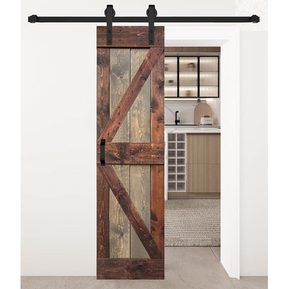 K Style 24in x 84in Finished Solid Wood Sliding Barn Door With Installation Hardware Kit