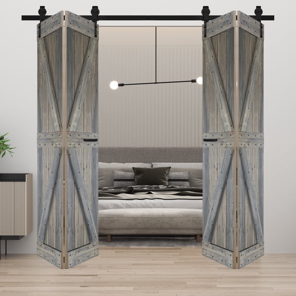 K Style 48 in. x 84 in. (12in x 84in x 4 Panels) Aged Barrel Finished Solid Wood Bi-Fold Barn Door with 4.3ft Hardware Kit -Assembly Needed