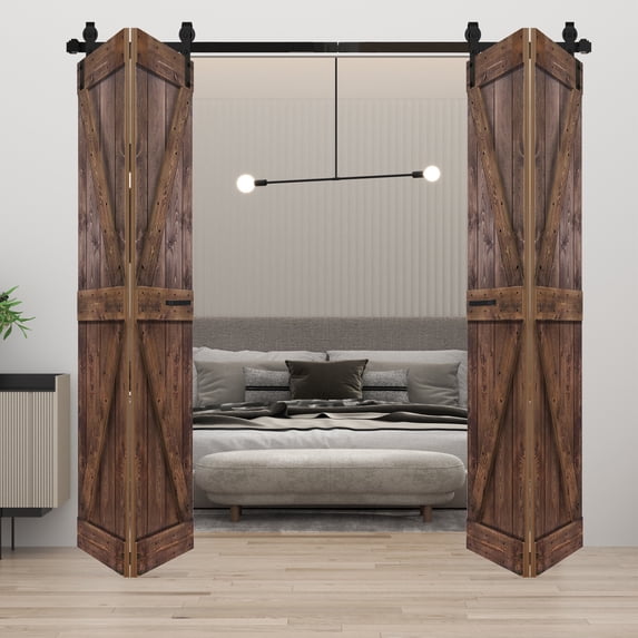 K Style 60 in. x 84 in. (15in x 84in x 4 Panels) Dark Walnut Finished Solid Wood Bi-Fold Barn Door with Two 3.3ft Hardware Kit -Assembly Needed