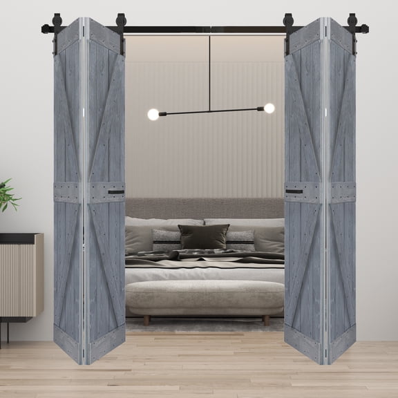 K Style 60 in. x 84 in.(15in x 84in x 4Panels) Dark Gray finished Solid Wood Bi-Fold Barn Door with Two 3.3ft Hardware Tracks -Assembly Needed