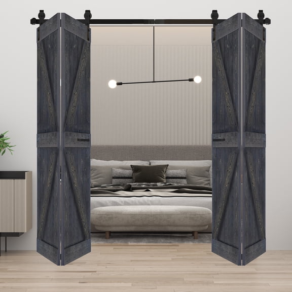 K Style 72 in. x 84 in. (18in x 84in x 4 Panels ) Carbon Gray Finished Solid Wood Bi-Fold Barn Door with Two 3.3ft Hardware Tracks -Assembly Needed