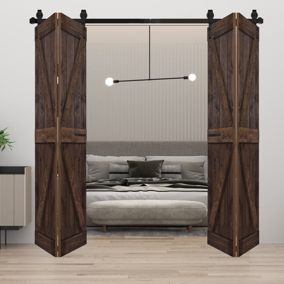 K Style 72 in. x 84 in. (18in x 84in x 4 Panels) Kona Coffee Finished Solid Wood Bi-Fold Barn Door with Two 3.3ft Hardware Tracks -Assembly Needed