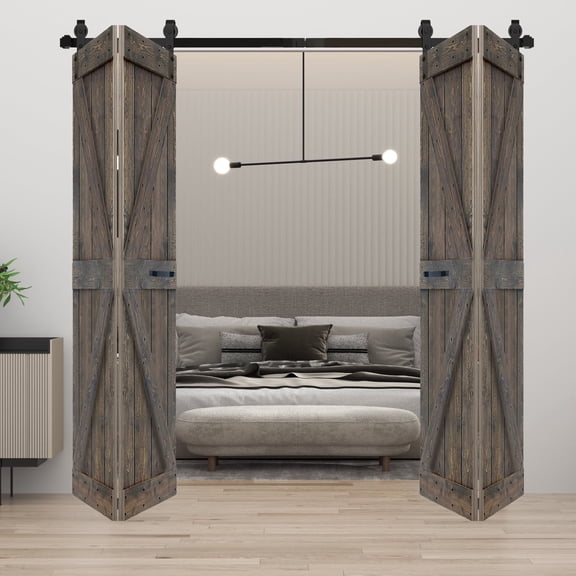 K Style 72 in. x 84 in. (18in x 84in x 4 Panels) Smoky Gray Finished Solid Wood Bi-Fold Barn Door with Two 3.3ft Hardware Tracks -Assembly Needed