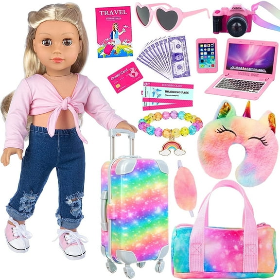 K.T. Fancy 23 Piece Doll Suitcase for American 18 Inch Doll Accessories Toy Suitcase Luggage Travel Playsets with Trendy Accessories (Doll not Included)
