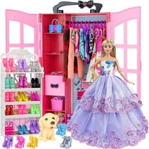 K.T. Fancy 120 Pcs Fashion Doll Closet Wardrobe for Doll Clothes and Accessories Storage Include Clothes, Dresses, Shoes, Shoes Rack, Bags, Necklace, Hangers for 11.5 Inch Girl Doll Clothes