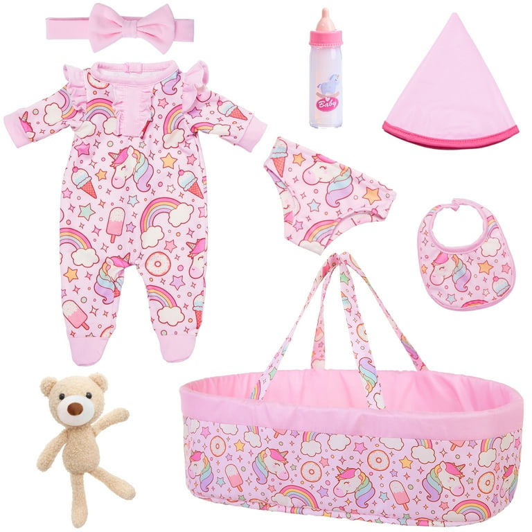 K.T. Fancy 8 Pcs Baby Doll Clothes with Bassinet for 17 22 inch Baby Doll Baby Doll Reborn Outfit Clothes Accessories Doll Nursing Bottle Bib