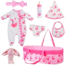 K.T. Fancy 8 Pcs Baby Doll Clothes with Bassinet for 17-22 inch Baby Doll,  Reborn Baby Doll Clothes Outfit Accessories Set Including Bib Nursing Bottle Headband with Flamingo Pattern