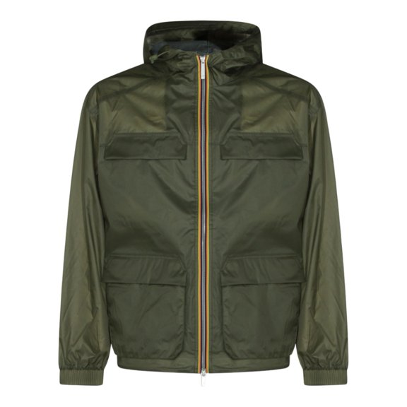 K-Way Translucent Olive Green Jacket With Multicolor Trim And Functional Pockets (Men's)