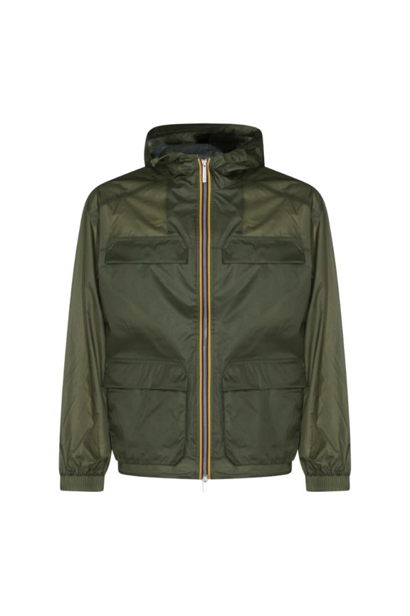 Translucent Olive Green Jacket With Multicolor Trim And Functional Pockets (Men's)