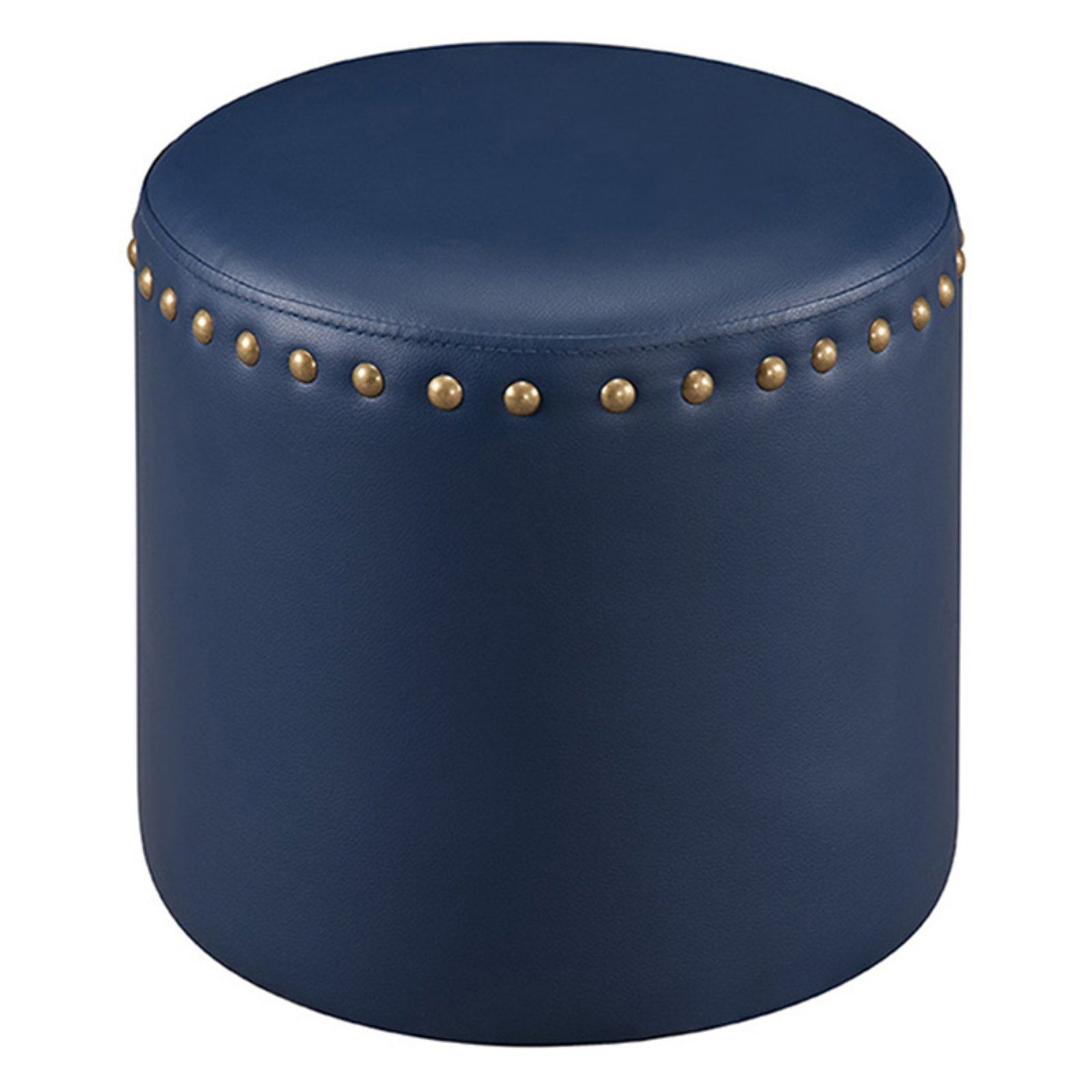 Blue Faux Leather Round Pouf with Nailhead Trim