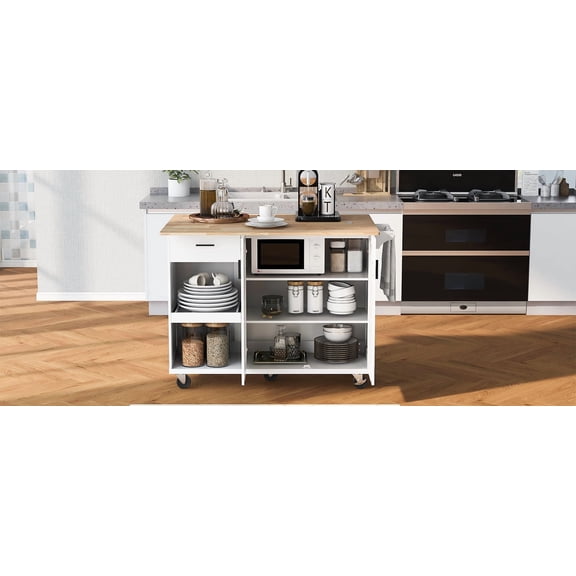 K&K White Kitchen Island Cart with Foldable Rubber Wood Countertop, Rolling Storage w/ Drawer, Slide-Out Shelf, Towel Rack for Kitchen, Dining Room, 49"
