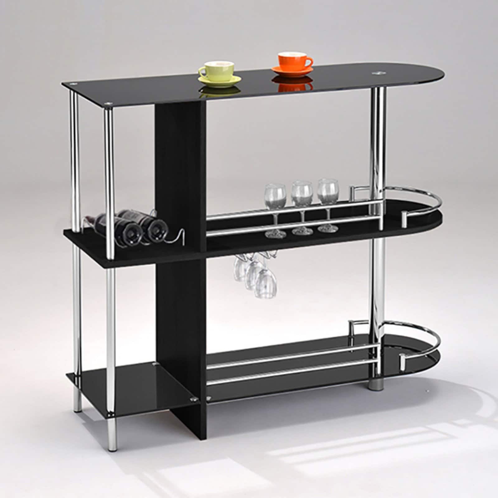 Black and Chrome Glass Bar Cart with Wine Rack