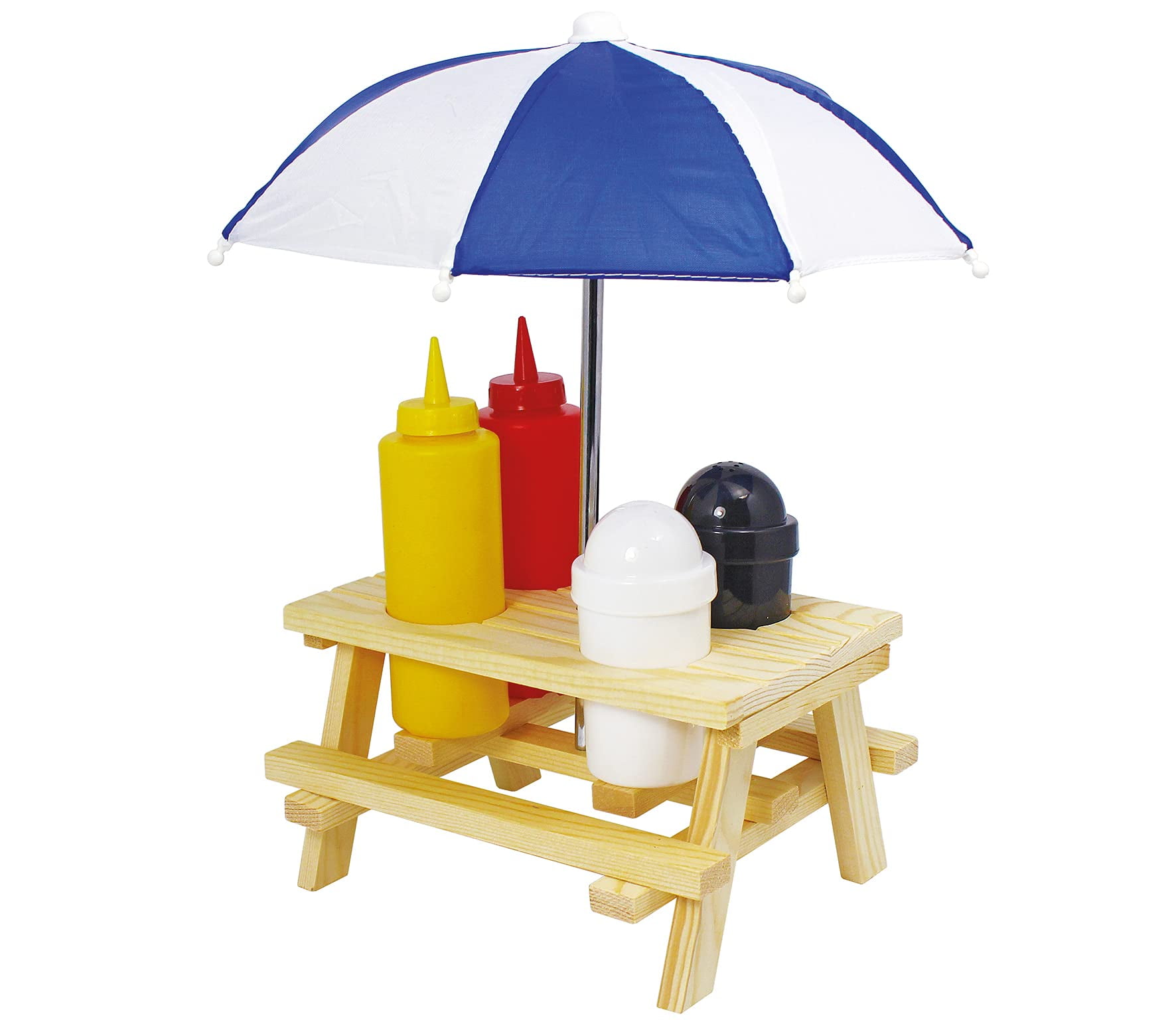 Mini Picnic Table Condiment Set with Umbrella, Pinewood and Plastic
