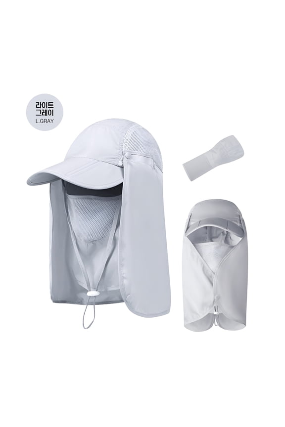 Roll-up Mesh Sun Hat with Face Mask – UV Protection for Men & Women, Light Gray