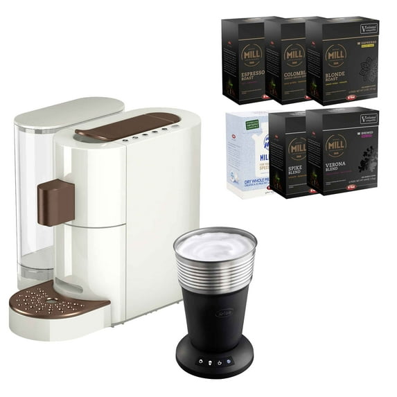K-fee® Holiday Bundle: Twins II Single Serve Coffee and Espresso Machine PLUS 72 Pods Mill Coffee Variety Pack AND Lattaero 4-in-1 Milk Frother | (White/Bronze)