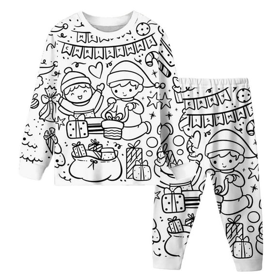 K`id Diy Hand Painted Homewear Set Coloring Pajamas for K`ids Cute Funny Cartoon Print Cotton Long Sleeve Pullover Top with Pajamas Pants Christmas Pjs Can Play with and Wear