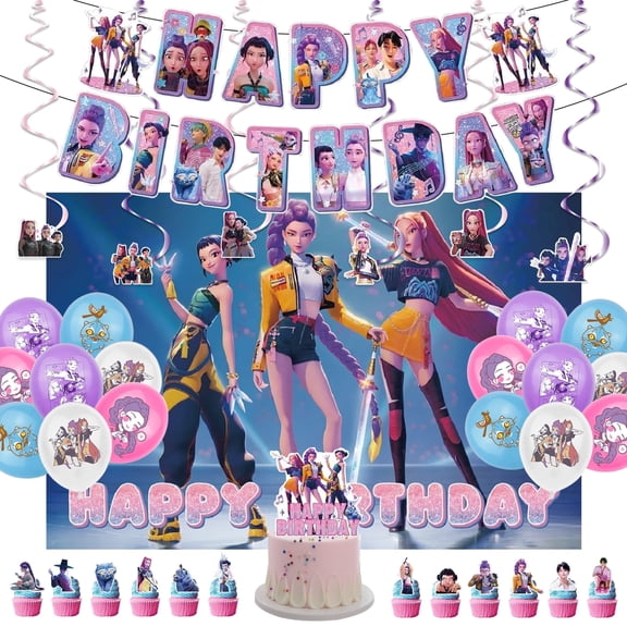 K-pop Party Kit, 37 Pieces, Includes Banners, Cake Flags, Balloons, Backdrops, And More, Suitable for Birthday