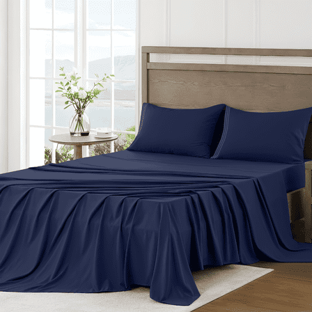 4 Piece Bed Sheet Set, King Size Upgraded Cooling Deep Pocket Comfy Breathable Hotel Luxury Bedding, Extra Soft Wrinkle Free Sheets Cover, Queen Sheets up to 16 inch, Navy Blue