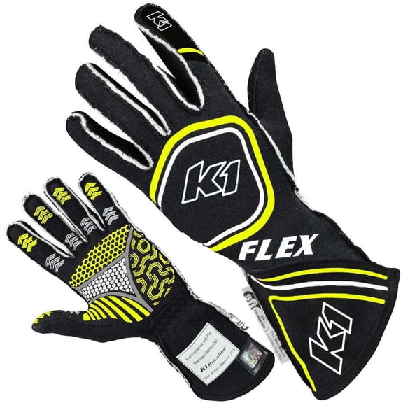 K1 23-FLX-NFY-XL SFI 3.3/5 Auto Racing/Karting Nomex Gloves Black/Yellow X-Large