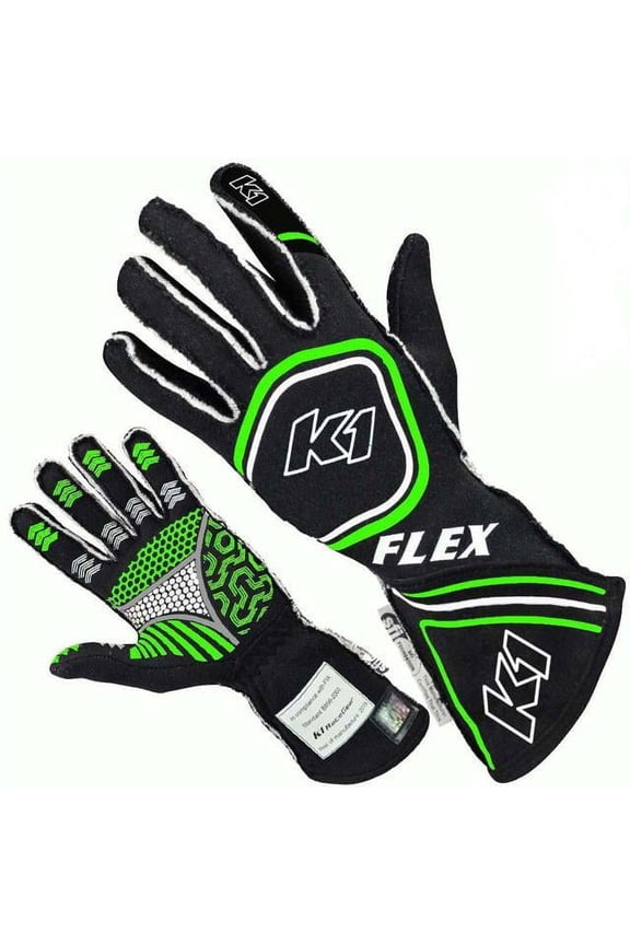 K1 Racegear K1R23-FLX-NFV-L FIA & SFI-5 Flex Glove, Black & Fluorescent Green - Large