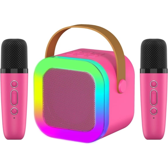 K12 Dual Microphone Karaoke Bluetooth Speaker RGB Light Two 5W Speakers Sound Subwoofer Boombox Support Multiple Input Modes, Rose