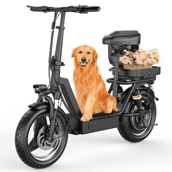 K13 650W Electric Scooter, 48V 15Ah&25MPH, 14" Pet Escooter with Cushioned Seat, with Large Capacity Basket and Waterproof BOX (Removable), Adults and Teens, 300lbs Max LoadUL2272
