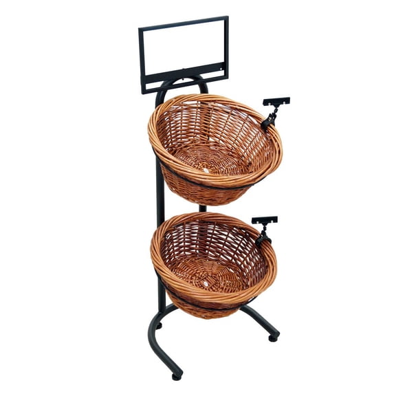 K1430-2B-MB 2-Tier 2 Round Willow Basket Display with Sign Frame and Sign Clips