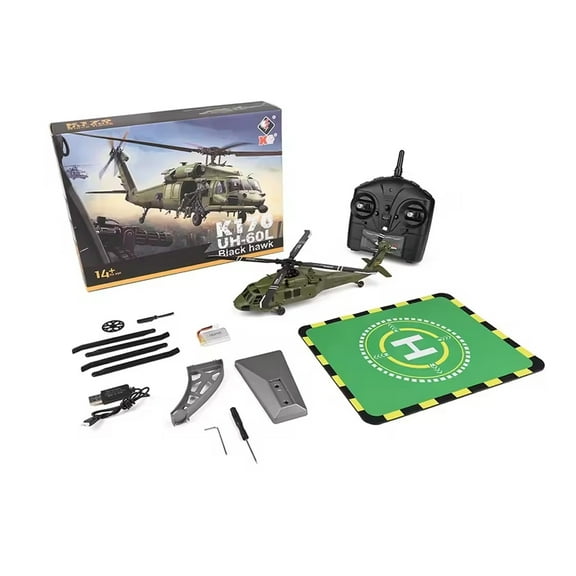 K170 UH-60L 2.4G 4CH RC Helicopter - 6-Axis Gyro Stabilization, Brushless Motor, Military Green Scale Model, Ready to Fly with Signal Loss Protection - 2 Batteries