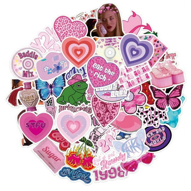 K1tpde 52PCS Y2k Aesthetic Stickers, Cyber 2000s Fashion Sticker for Girls  Pink Heart 