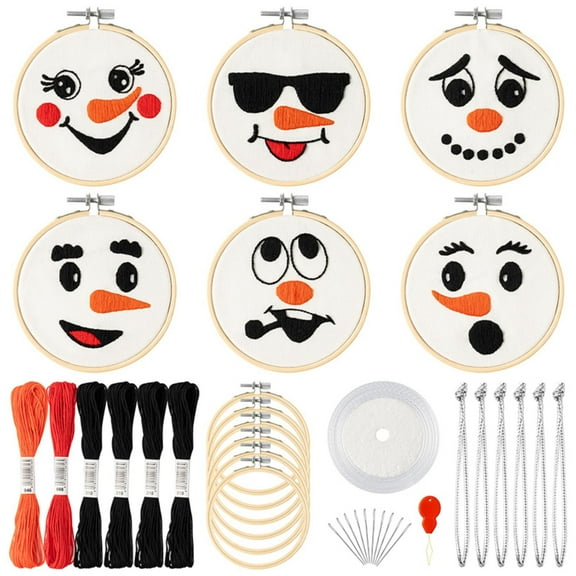 DIY Snowman Emoticon Embroidery Kit for Christmas Tree Pendant, Creative Embroidery Keychain  for New Years, 6 Pieces